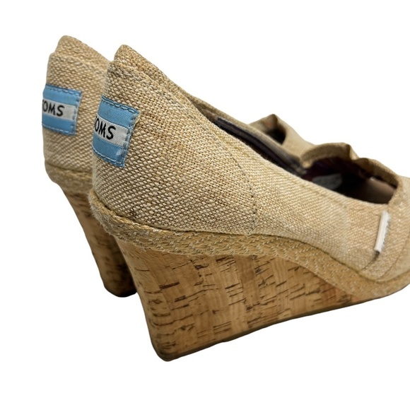 TOMS Wedges Peep Toe Cork Canvas Burlap Espadrilles High Heels Shoes Beige sz 6 - Picture 5 of 16